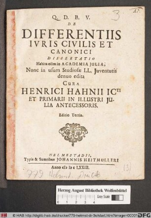 De Differentiis Iuris Civilis Et Canonici Dissertatio : Habita olim in Academia Iulia