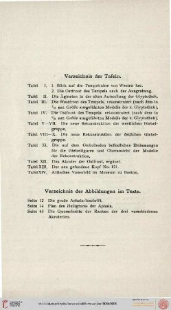 Verzeichnis der Tafeln / der Abbildungen im Texte