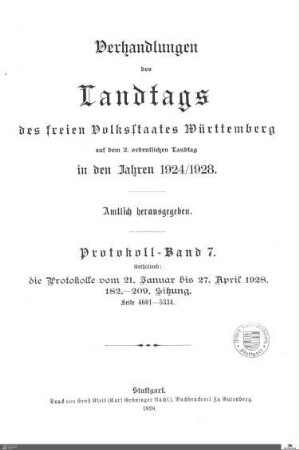 2,131: Landtag Württemberg - Kammer 2, Protokolle 1924-1928, Bd. 7