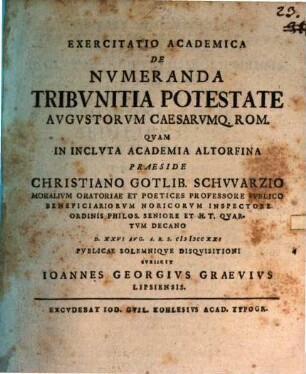 Exercitatio acad. de augustorum, caesarumque rom. tribunicia potestate