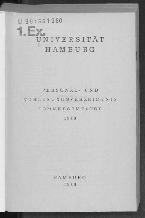 SS 1980: Personal- und Vorlesungsverzeichnis // Hamburgische Universität