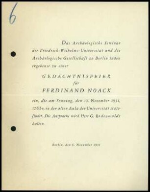 Gedächtnisfeier für Ferdinand Noack