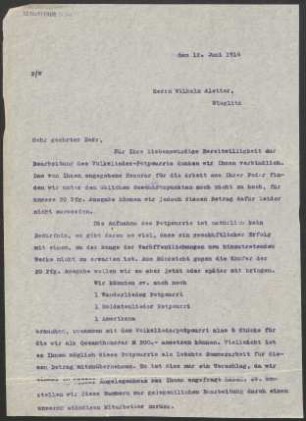 Brief an Wilhelm Aletter : 12.06.1914