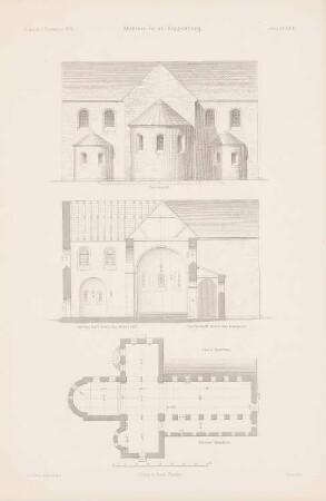 Abteikirche, Kappenberg: Grundriss, Choransicht, Synoptischer Schnitt durch Langhaus und Querschiff (aus: Atlas zur Zeitschrift für Bauwesen, hrsg. v. G. Erbkam, Jg. 20, 1870)