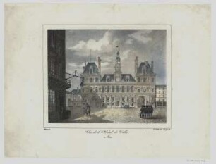 Ansicht des Rathauses in Paris, Farblithographie, um 1800? : Vue de l'Hôtel de Ville a Paris / Arnout. B. lith. de Delpech. - [Paris, um 1800?]. - 1 Kunstbl.: Farblithographie ; 19 x 16 cm