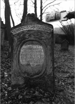 Grabstein 204 (Index: 99752079) Material: Sandstein Zustand: leicht verwittert Maße HxBxT: 130x71x13 cm Beschreibung: Stele, Volutenabschluß, ovales Schriftfeld eingetieft Symbolik: Blätter, Voluten, Schriftband: Grabstein 204