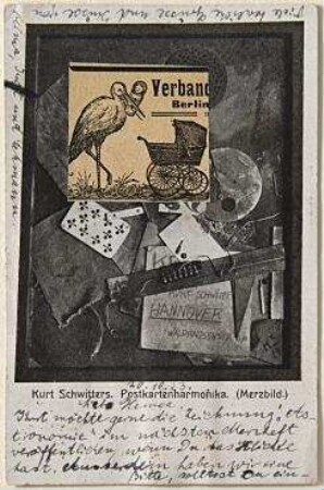 Merz-Postkarte von Helma Schwitters an Hannah Höch. Hannover. Abbildung: "Kurt Schwitters. Postkartenharmonika. (Merzbild.)" collagiert mit Zeitungs-/Zeitschriftenausschnitt (Storch, der ein Kind im Schnabel hält)