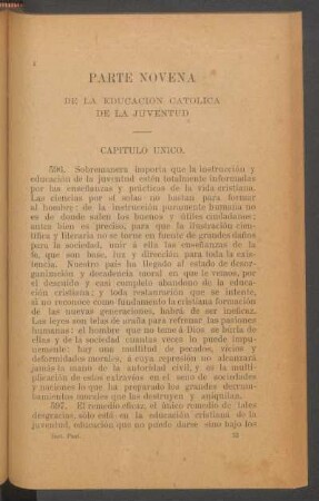 Parte novena. - De la educación católica de la juventud