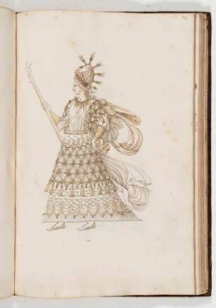 Frau in langem Gewand mit Krone und Zepter, in: Equestrium statuarum [...] formae [...] artificiosissime pictis, Bl. 77
