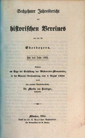 Jahresbericht des Historischen Vereins von Oberbayern. 16. 1853 (1854)
