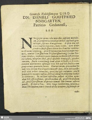 Generoso Nobilissimoque Viro Dn. Danieli Godfried Nimsgarten, Patricio Gedanensi …