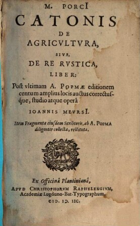 M. Porcii Catonis De agricultura sive de re rustica liber