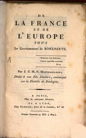 De la France et de l'Europe sous le gouvernement de Bonaparte