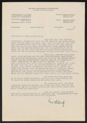 Brief von Bernhard Ercklentz an Margarete Hauptmann
