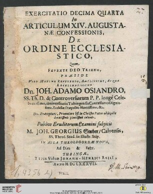 Band 14: Exercitatio Theologica ... In Articulum Augustanae Confessionis: Exercitatio Decima Quarta In Articulum XIV. Augustanae Confessionis, De Ordine Ecclesiastico