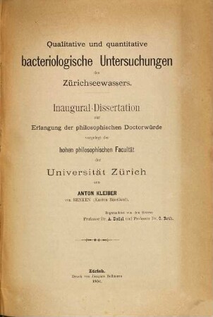 Qualitative und quantitative bacteriologische Untersuchungen des Zürichseewassers