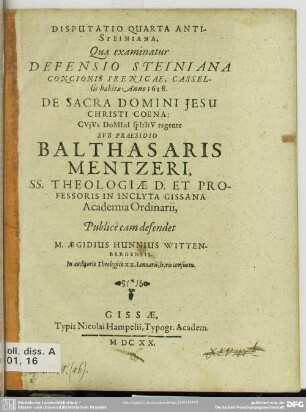 4: Disputationes novem anti-Steinianae : quibus examinatur defensio concionis Irenicae a Paulo Steinio ...