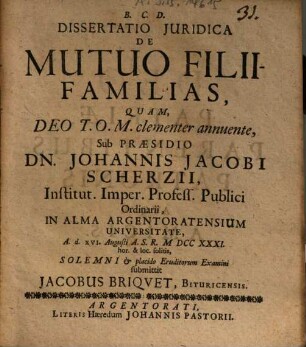 Dissertatio Juridica De Mutuo Filii-Familias