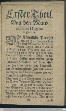 Erster Theil. Von den Mineralischen Wassern in gemein