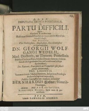 Disputatio Medica Inauguralis, De Partu Difficili