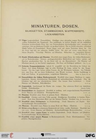 Miniaturen, Dosen, Silhouetten, Stammbücher, Wappenbriefe, Lackarbeiten (Nr.277-348)
