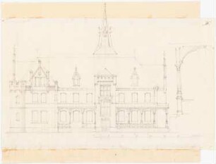 Schloss Zalesie, Borek: Aufriss der West-Fassade, Teil-Schnitt durch den Laubengang, Maßstabsleiste