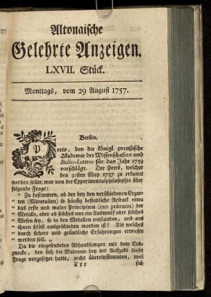LXVII. Stück. Montags, vom 29 August 1757