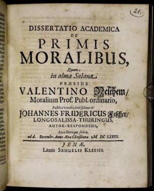 Dissertatio Academica De Primis Moralibus