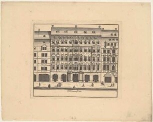 Das Barockpalais H. Homans Haus in der Katharinenstraße 16 in Leipzig, Straßenfassade mit Staffage, Blatt 8 aus einer Reihe Leipziger Wohnhäuser und Palais’