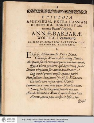 EPICEDIA AMICORUM, EXTRA HASSIAM DEGENTIUM, HONORI ET MEmoriae Beatae Virginis, ...