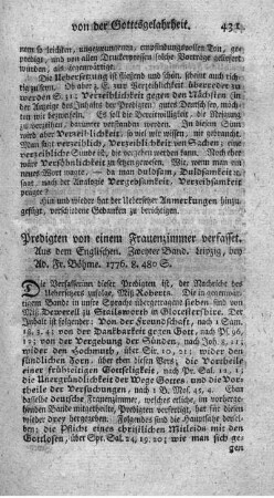 Predigten von einem Frauenzimmer verfasset. Bd.2.
