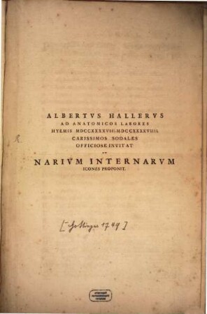Albertvs Hallervs Ad Anatomicos Labores Hyemis MDCCXXXXVIII-MDCCXXXXVIIII. Carissimos Sodales Officiose Invitat Et Narivm Internarvm Icones Proponit