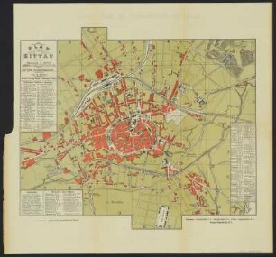 Plan und Umgebungskarte mit Einträgen zum Grundbesitz von Zittau , 1: 10 000 u. 1:112 500, Lithographie, 1900 : 1. Plan von Zittau / nach Plänen des Stadtbauamtes. Bearb. von R. Müller. - 1900/01. - 1:10 000. - Zittau : Haupt u. Schwager, 1900. - 1 Kt. : Lithogr. ; 38 x 28 cm +++ 2. Karte des Grundbesitzes der Stadt Zittau / Gez. von R. Müller. - 1:112 500. - Zittau : Haupt u. Schwager, 1900. - 1 Kt. : dreifarb. Lithogr. ; 36 x 30 cm