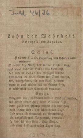 Lohn der Wahrheit. Schauspiel von Kotzebue.