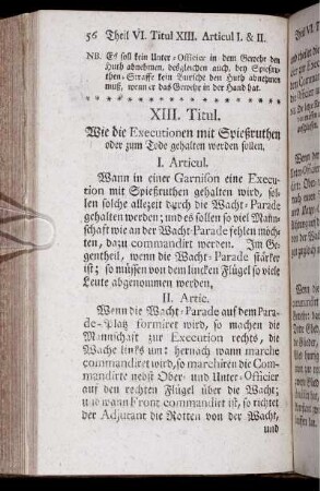 XIII. Titul. Wie die Executionen mit Spießruthen oder zum Toden gehalten werden sollen.