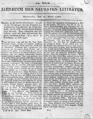 Berlin, in der Realschulbuchhandl.: Grundriss der Vorlesungen Uber das Praktische bey verschiedenen Gegenständen der Wasserbaukunst, von D. Gilly, Königl. Preuss. Geheim. Ober-Baurath. Neue vermehrte und verbesserte, auch mit drey erläuternden Kupfern versehene Auflage. II. u. 161 S. 8. Schreibpap.