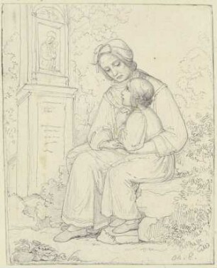 Mutter mit betendem Kind vor einem Bildstock mit einem Madonnenbild