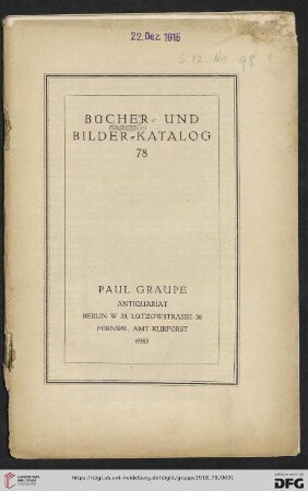 Nr. 78: Katalog / Paul Graupe, Antiquariat: Bücher- und Bilder-Katalog