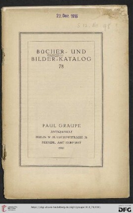 Nr. 78: Katalog / Paul Graupe, Antiquariat: Bücher- und Bilder-Katalog