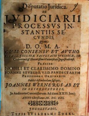 Disputatio iuridica de iudiciarii processus instantiis secundis : in Auditorio Canonistarum ...