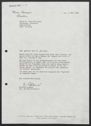 Brief an Franz Willnauer an Salzburger Festspiele, 07.03.1990