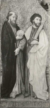 Unbekannter Meister (etwa 1460). Reste eines Altars. Ausschnitt Sankt Jacobus, Sankt Bartholomäus. Öl auf Holz ? 141 x 65 cm. Dessau: Privatbesitz