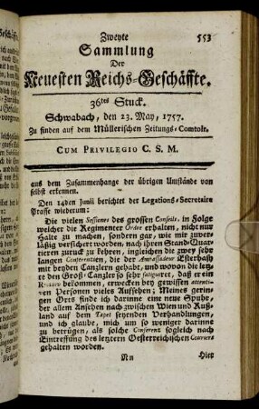 36tes Stuck. Schwabach, den 23. May, 1757.