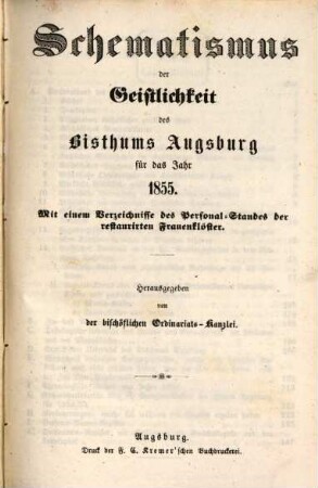 Schematismus der Geistlichkeit des Bistums Augsburg : für das Jahr .... 1855, 1855
