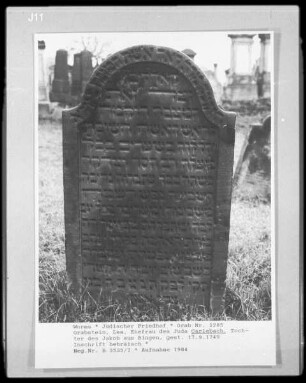 Grabstein der Lea, Ehefrau des Juda Carlebach, Tochter des Jakob aus Bingen (gestorben 1749.09.17)