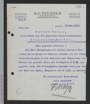 Brief des B.G. Teubner Verlags an Helene Lange
