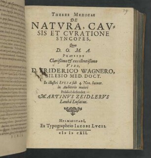 Theses Medicae De Natvra, Cavsis Et Cvratione Syncopes
