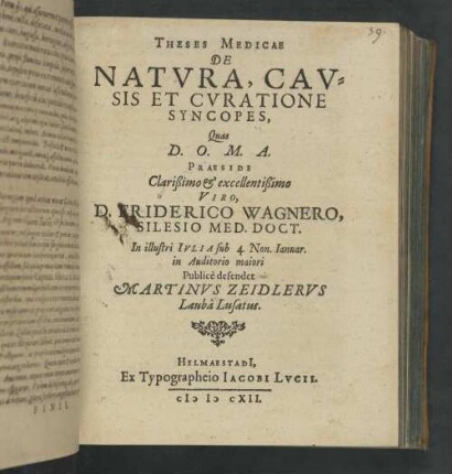 Theses Medicae De Natvra, Cavsis Et Cvratione Syncopes