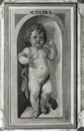 Putto mit erhobenen Händen als Rhetorica (Aus: Die sieben freien Künste) : Putto mit erhobenen Händen als Rhetorica (Aus: Die sieben freien Künste). Öl? auf Holz (wohl 1655/1684; C. Schiebling und C. Wiebel zugeschrieben). Radebeul, Hoflößnitz, Berg- und Lusthaus, Wohnraum der Kurfürstin