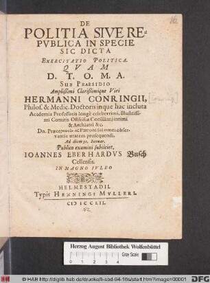De Politia Sive Republica In Specie Sic Dicta Exercitatio Politica